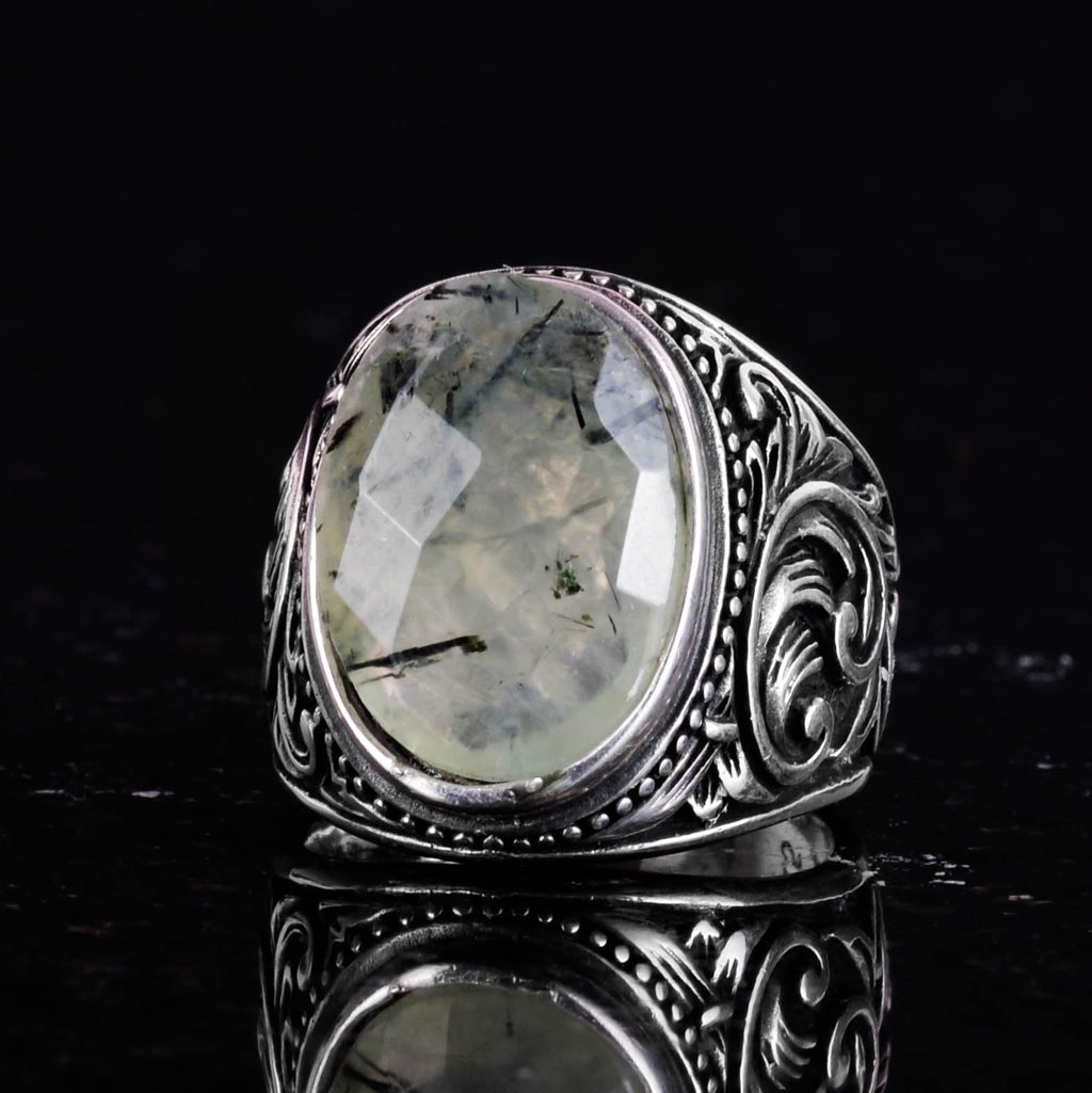 Handmade Prehnite Stone Ring - 925 Sterling Silver Men's Ring — 5