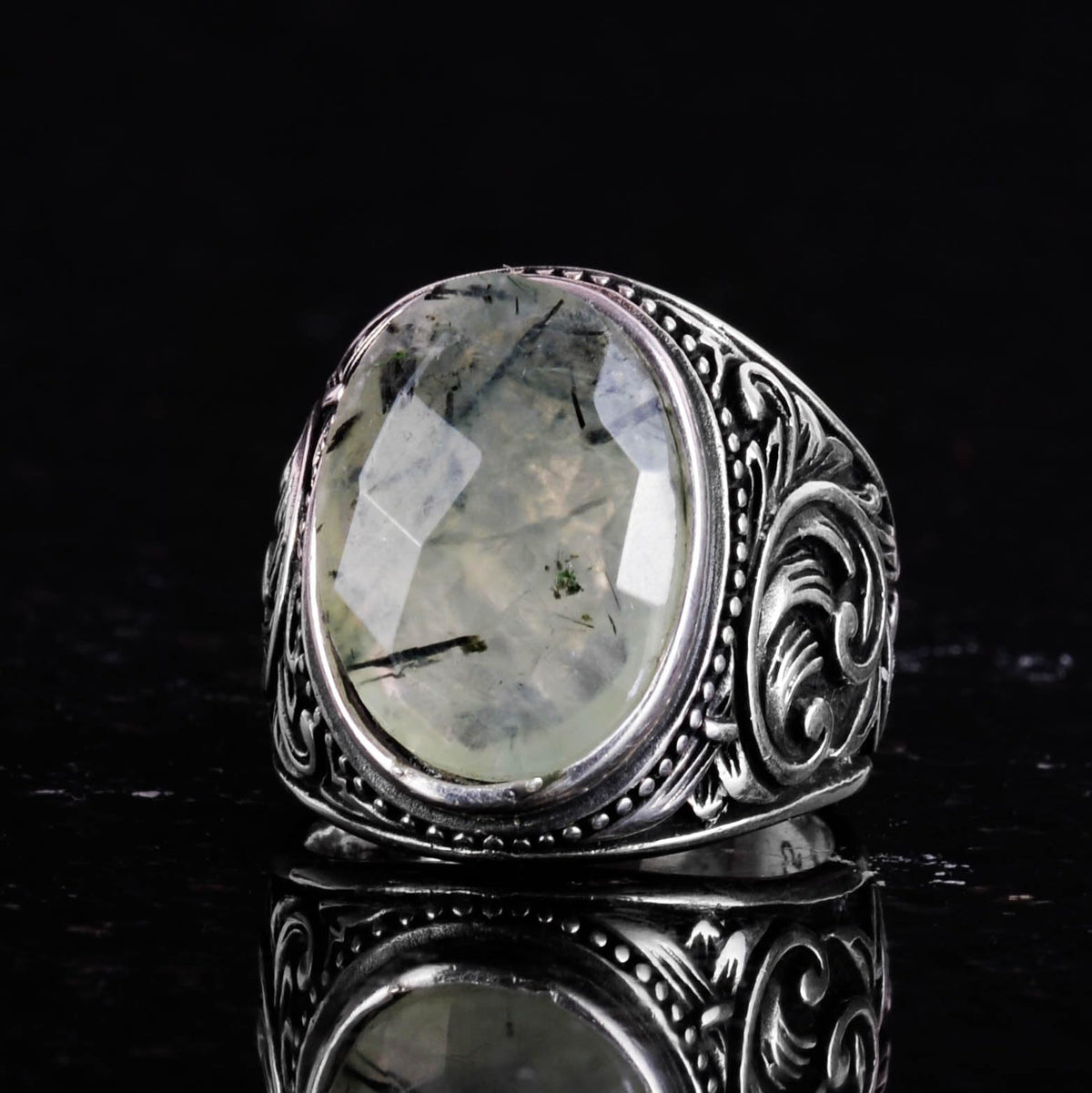 Handmade Prehnite Stone Ring - 925 Sterling Silver Men's Ring — 5