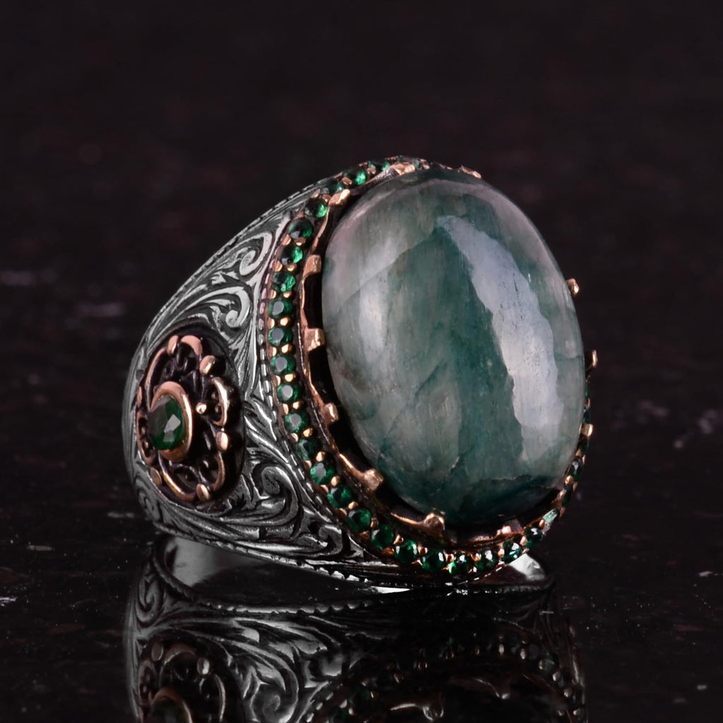 Synthetic Stone Ring - 925 Sterling Silver Handmade Ring - Synthetic Cabochon Emerald Ring — 5