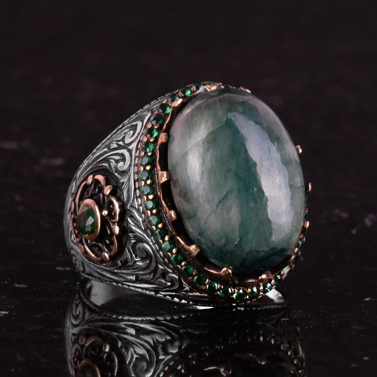 Synthetic Stone Ring - 925 Sterling Silver Handmade Ring - Synthetic Cabochon Emerald Ring — 5