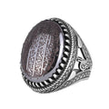 KAMBO Natural Hematite Stone Ring – 925 Sterling Silver Ottoman Tugra Design – Islamic Men's Statement Ring (Ayat al Kursi Quran Verse)
