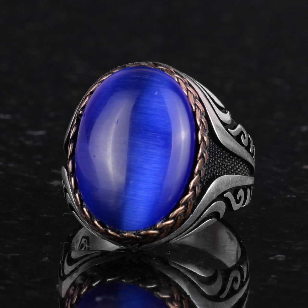 925 Sterling Silver Ring - Synthetic Stone Silver Ring - Handmade Ring (Dark Blue Eye Stone) — 6