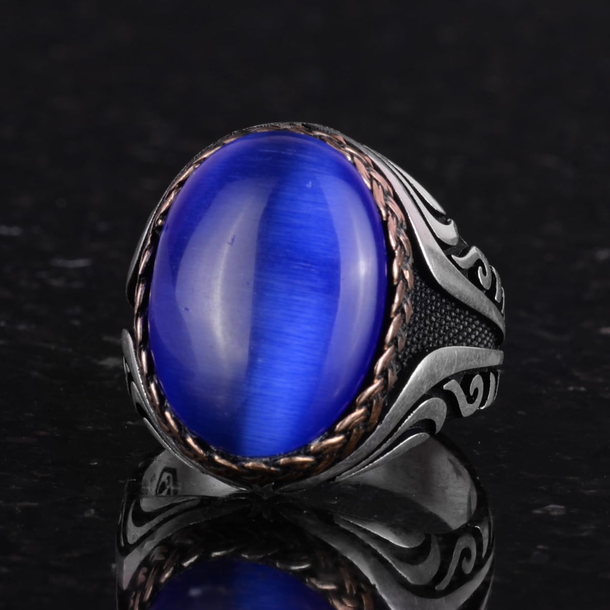 925 Sterling Silver Ring - Synthetic Stone Silver Ring - Handmade Ring (Dark Blue Eye Stone) — 6