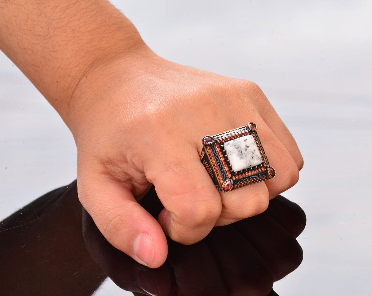 Natural Dendrite Agate Stone Ring - Silver Men's Sultan Ring — 7