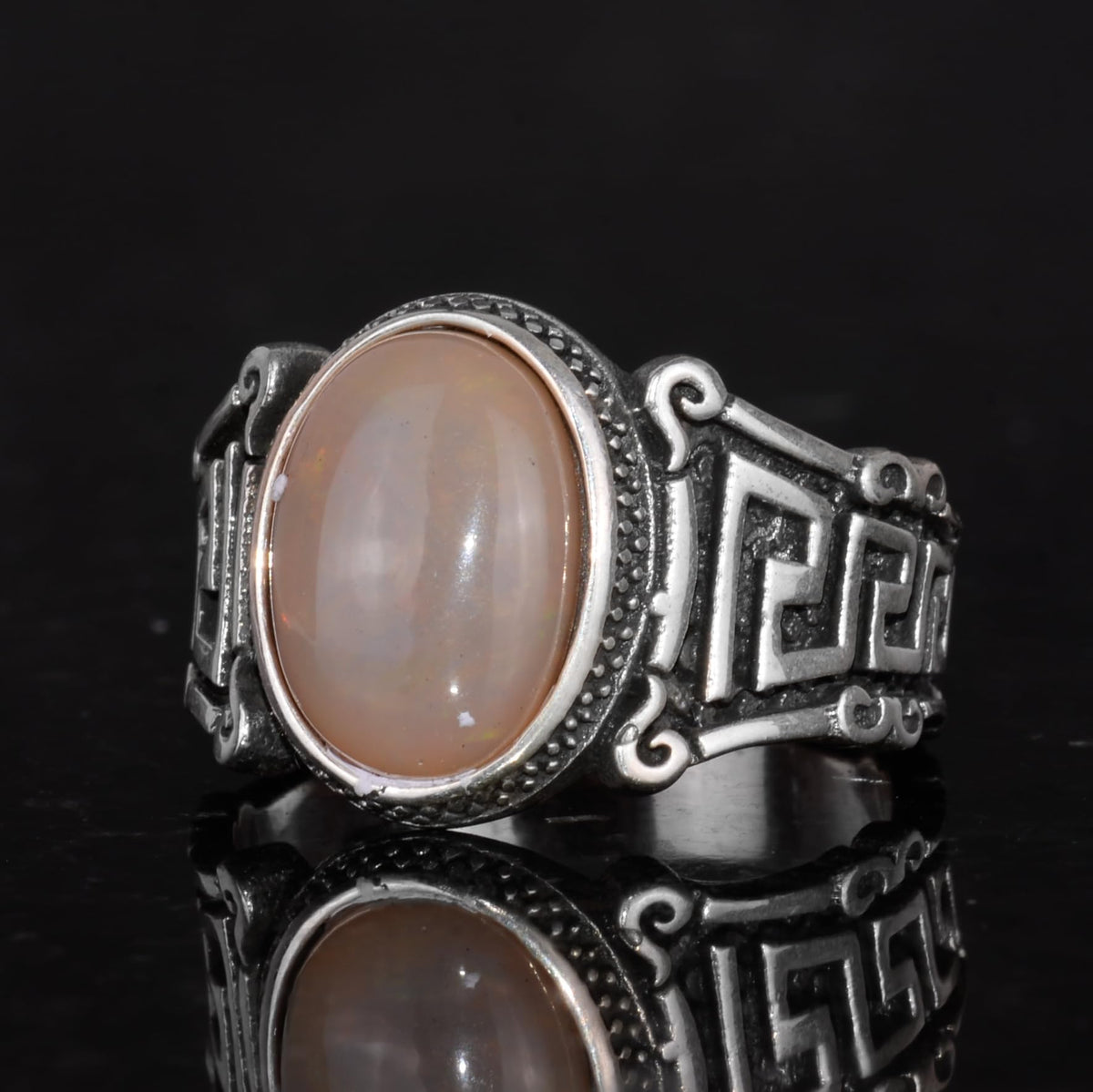 Handmade 925 Sterling Silver Men's Ring with Natural Ethiopian Opal Stone - Labyrinth Design — 5