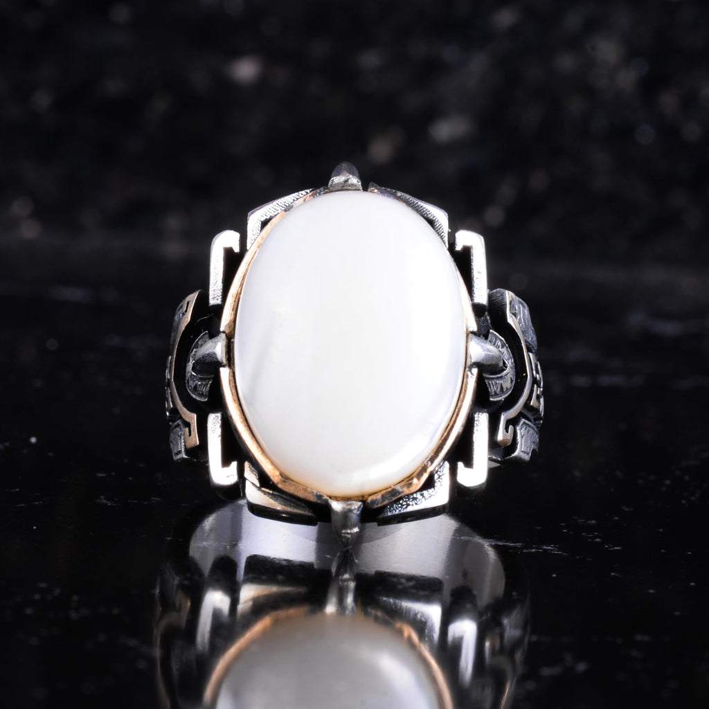KAMBO Natural Stone Ring 925 Sterling Silver – Handmade Men's Statement Ring Healing Jewelry (Pearl-2) — 4