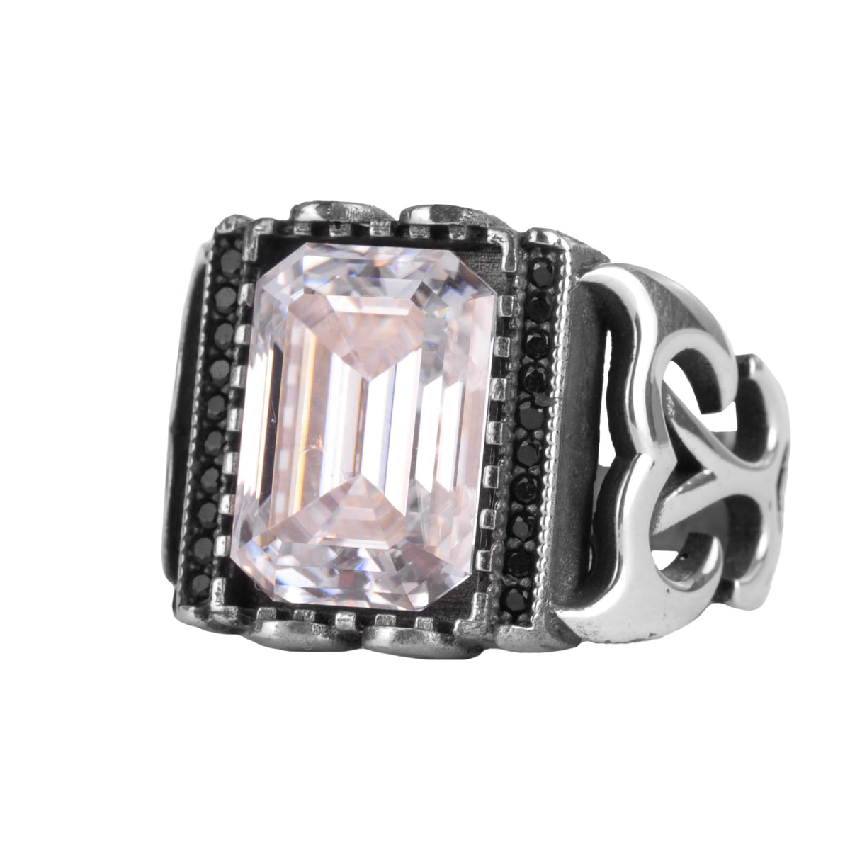 Certified Natural Diamond Moissanite Stone Men's Ring 925 Sterling Silver – Black Stone Detailed Rectangular Statement Ring