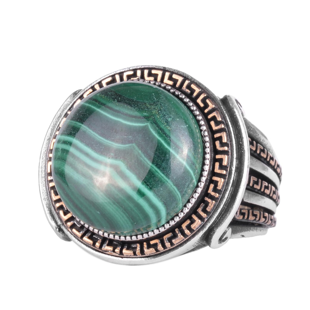 KAMBO Stone Round Men's Ring 925 Sterling Silver – Cabochon Handmade Vintage Greek Pattern Statement Ring (Malachite)