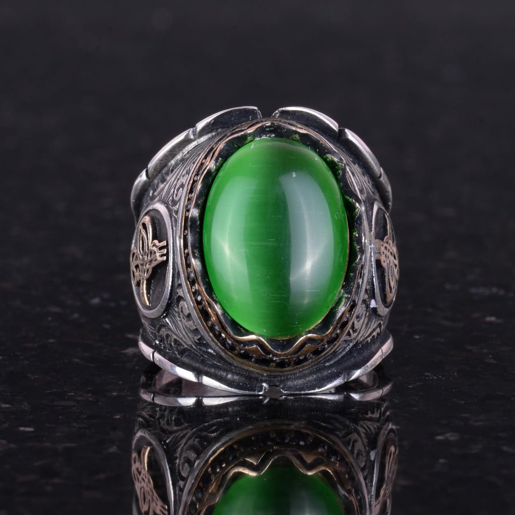 Green Cat's Eye Stone Ottoman Tugra Silver Ring — 4