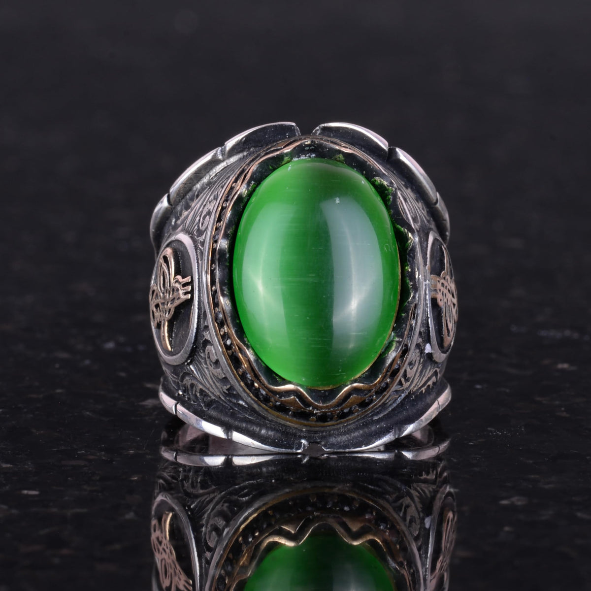 Green Cat's Eye Stone Ottoman Tugra Silver Ring — 4