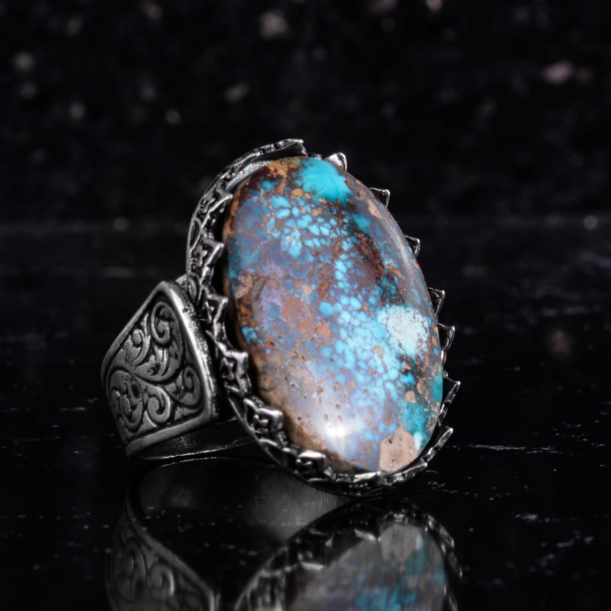 KAMBO Natural Turquoise Large Men's Ring 925 Sterling Silver Oval Statement Ring Raw Stone Vintage Handmade Ring (Turquoise-2) — 6