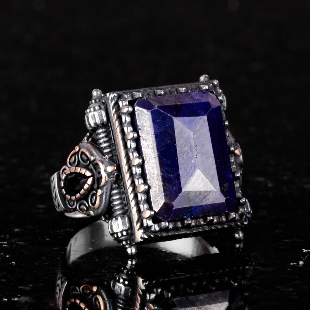 Kambo Real Natural Stone Ring - 925 Sterling Silver Men's Ring, Modern Design (Blue Sapphire) — 4