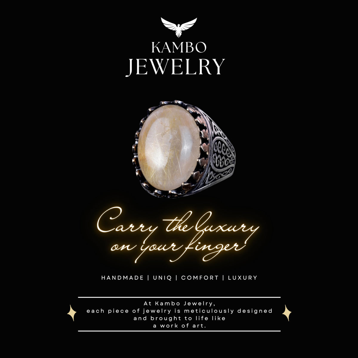 925 Sterling Silver Men's Ring - Handmade Elegance with Gold Rutilated Quartz Stone — 6