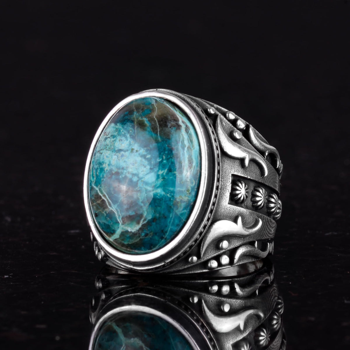 Natural Chrysocolla Stone Ring, 925 Sterling Silver Men's Ring (Model-3) — 6