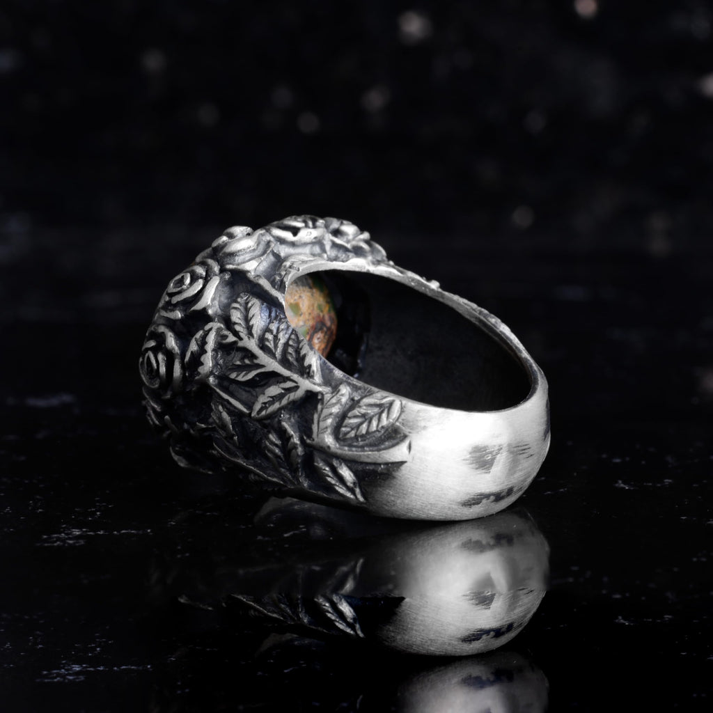 KAMBO 925 Sterling Silver Natural Stone Men's Ring – Handmade Floral Vintage Men's Statement Ring (Turquoise) — 7