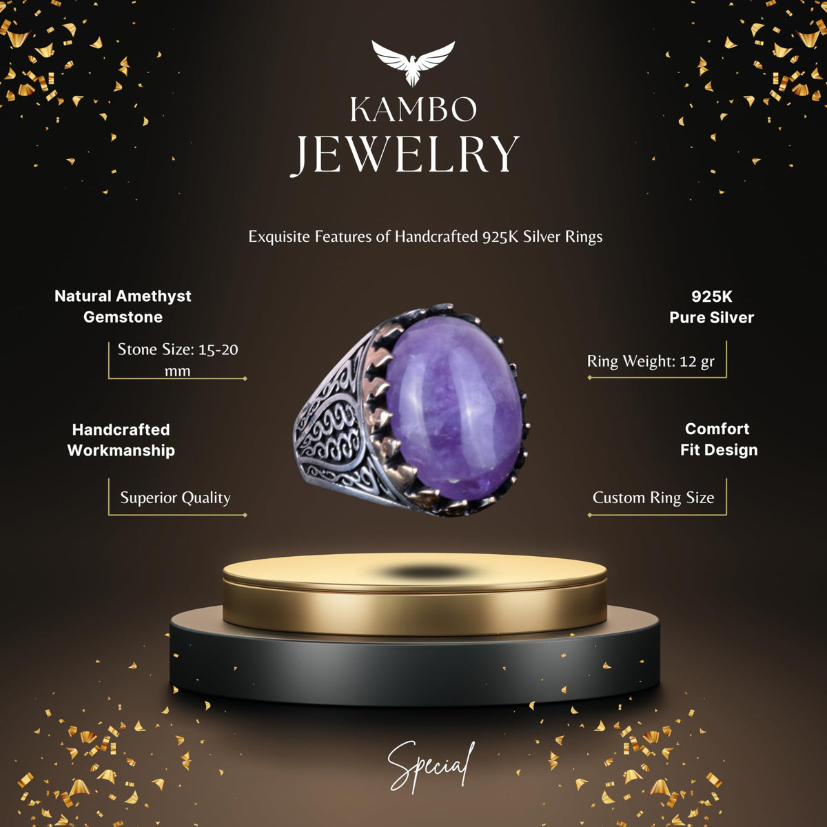 925 Sterling Silver Men's Ring - Handmade Elegance with Amethyst Stone (Model-2) — 6