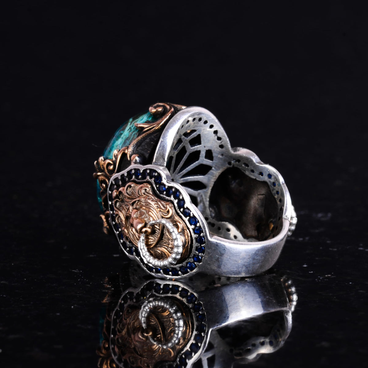 925 Sterling Silver Men's Ring, Natural Chrysocolla Stone Ring, Lion Head Ring — 6