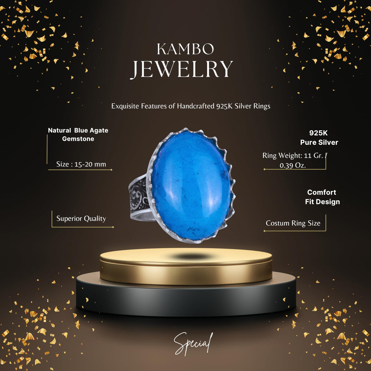 Kambo Real Natural Stone Ring - 925 Sterling Silver Large Handcrafted Ring (Blue Agate) — 2