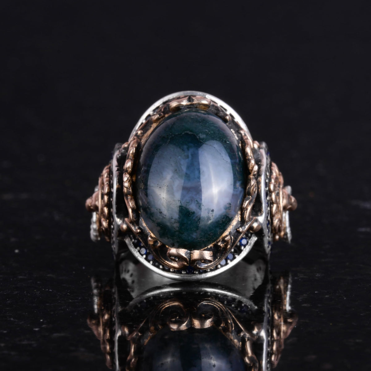 Natural Mossy Agate Stone Ring, Lion Head Men's Ring, 925K Pure Silver Men's Ring - Handmade Elegance — 4