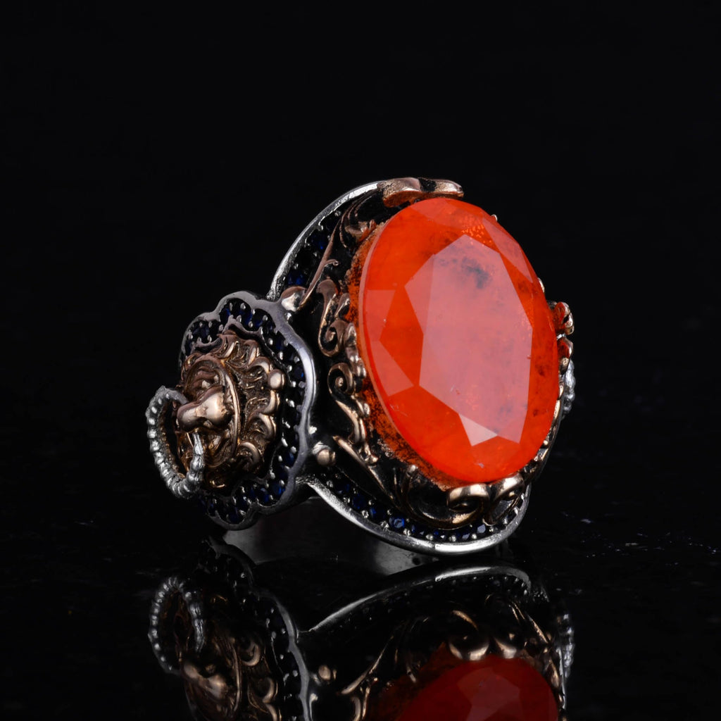 925 Sterling Silver Ring, Orange Synthetic Paraiba Stone Ring, Handmade Lion Head Men's Ring — 4