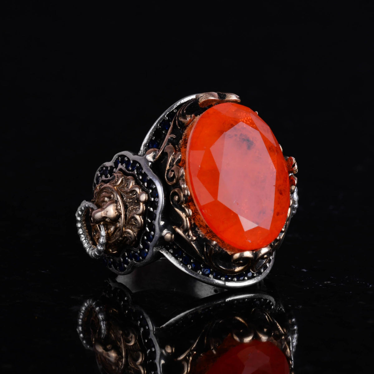 925 Sterling Silver Ring, Orange Synthetic Paraiba Stone Ring, Handmade Lion Head Men's Ring — 4