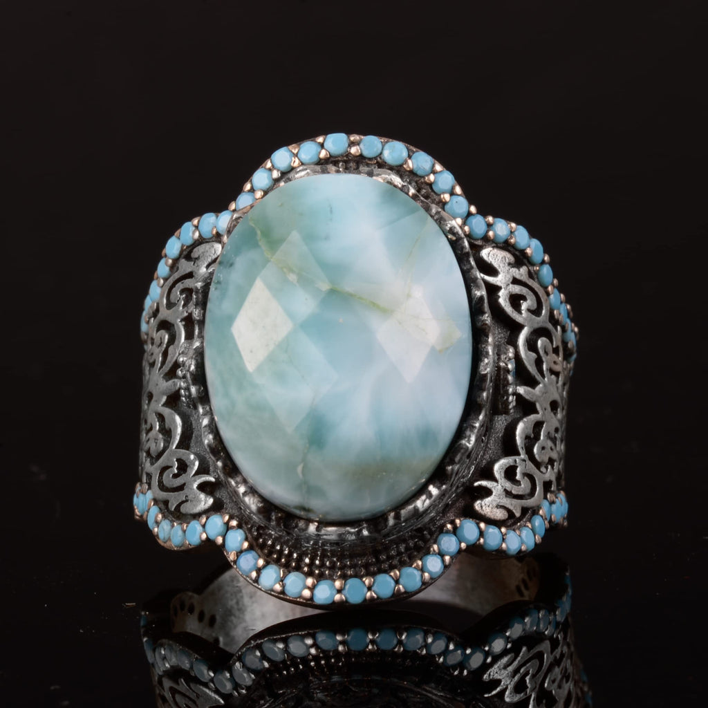 Handmade 925 Sterling Silver Men's Ring with Natural Larimar Stone - Elegant Design — 6