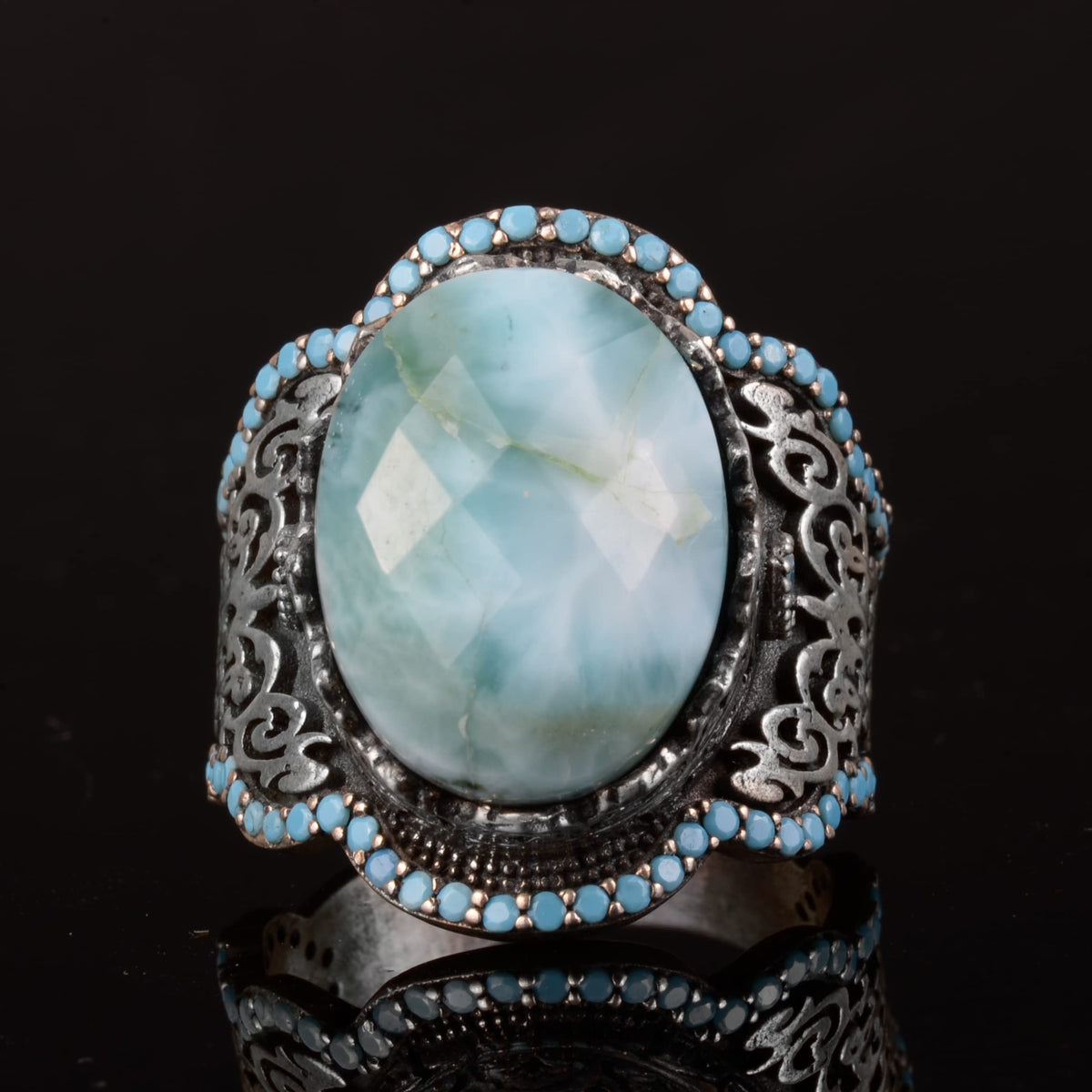 Handmade 925 Sterling Silver Men's Ring with Natural Larimar Stone - Elegant Design — 6