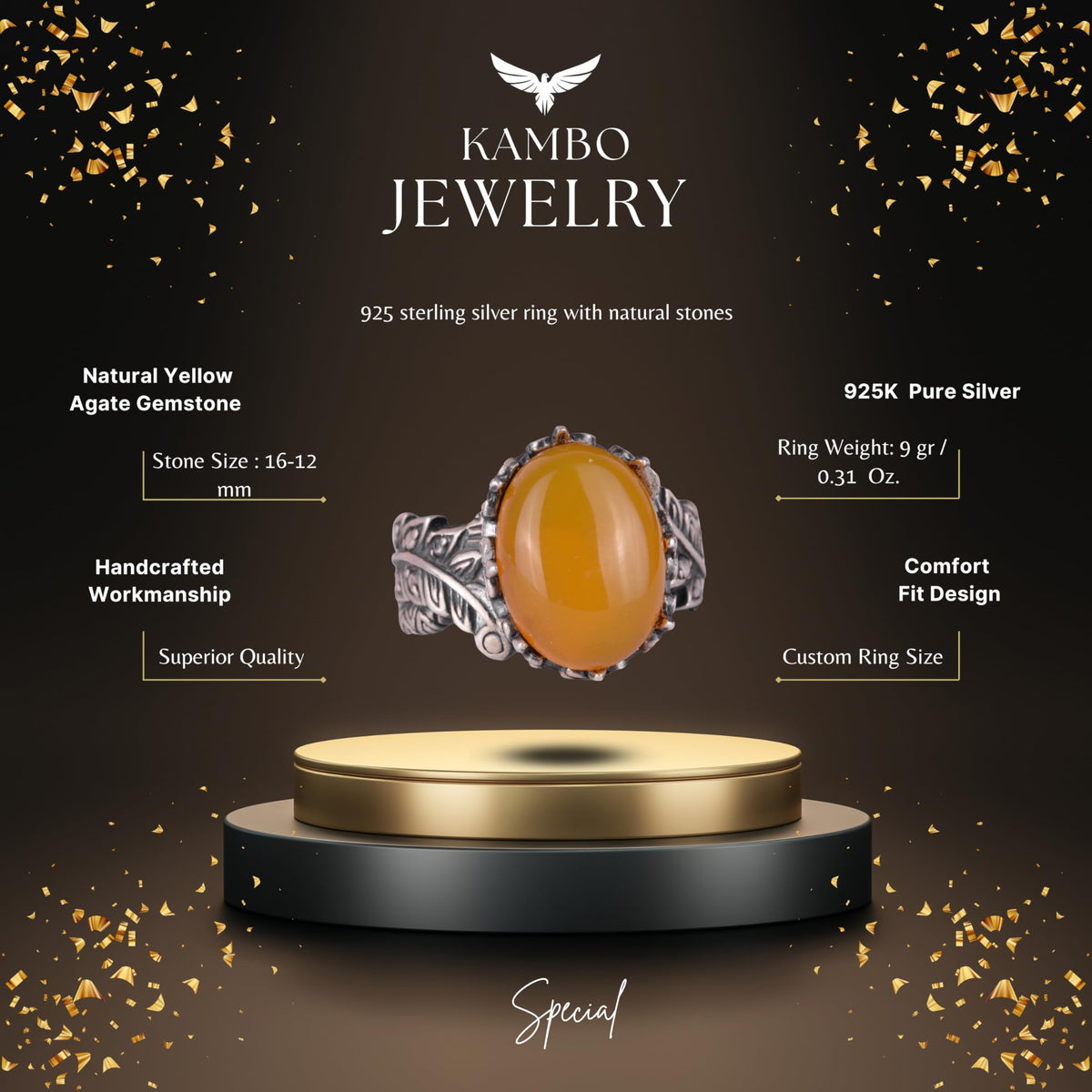 Natural Yellow Agate Stone Women's Ring — 2