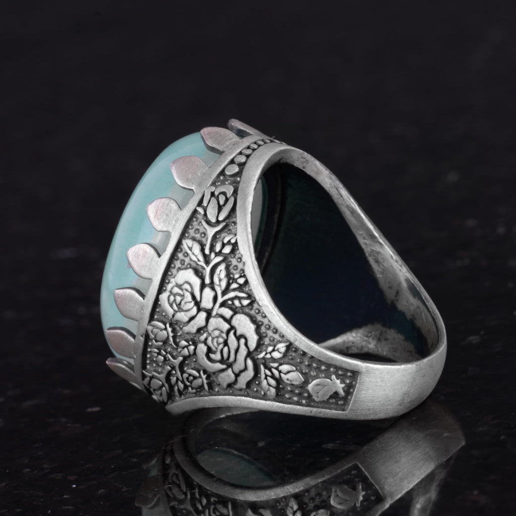 Natural Stone Ring - Rose Pattern Ring - 925 Sterling Silver - Handmade Large Ring — 7