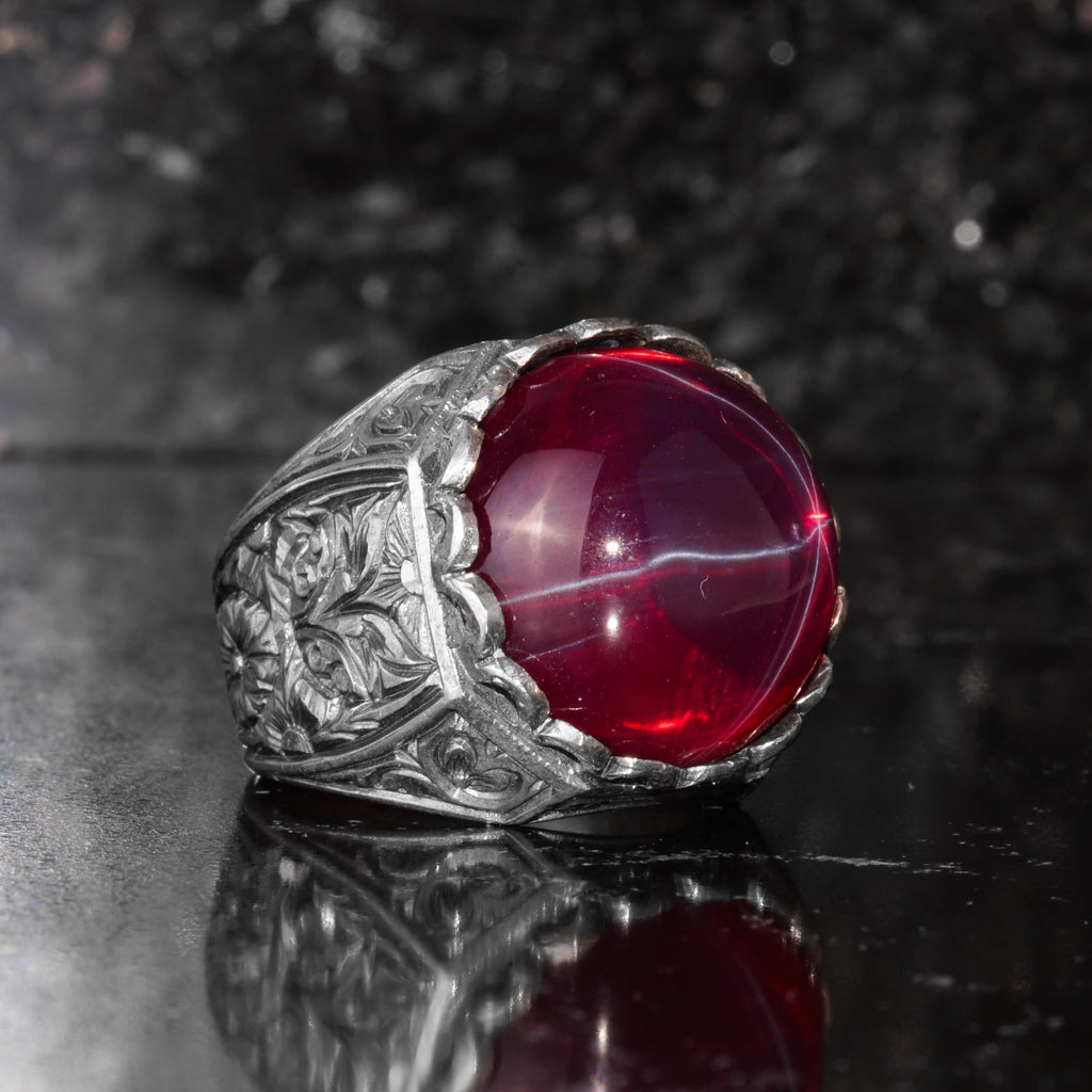 KAMBO Star Ruby Stone Men's Ring 925 Sterling Silver – Round Red Stone Ring – Handmade Classic Vintage Jewelry — 6