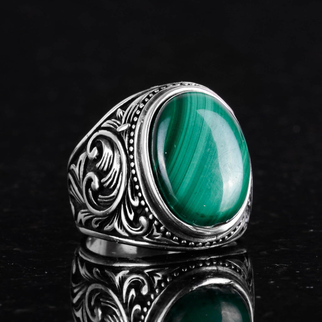 925 Sterling Silver Men's Ring, Handmade Malachite Gemstone Ring — 6
