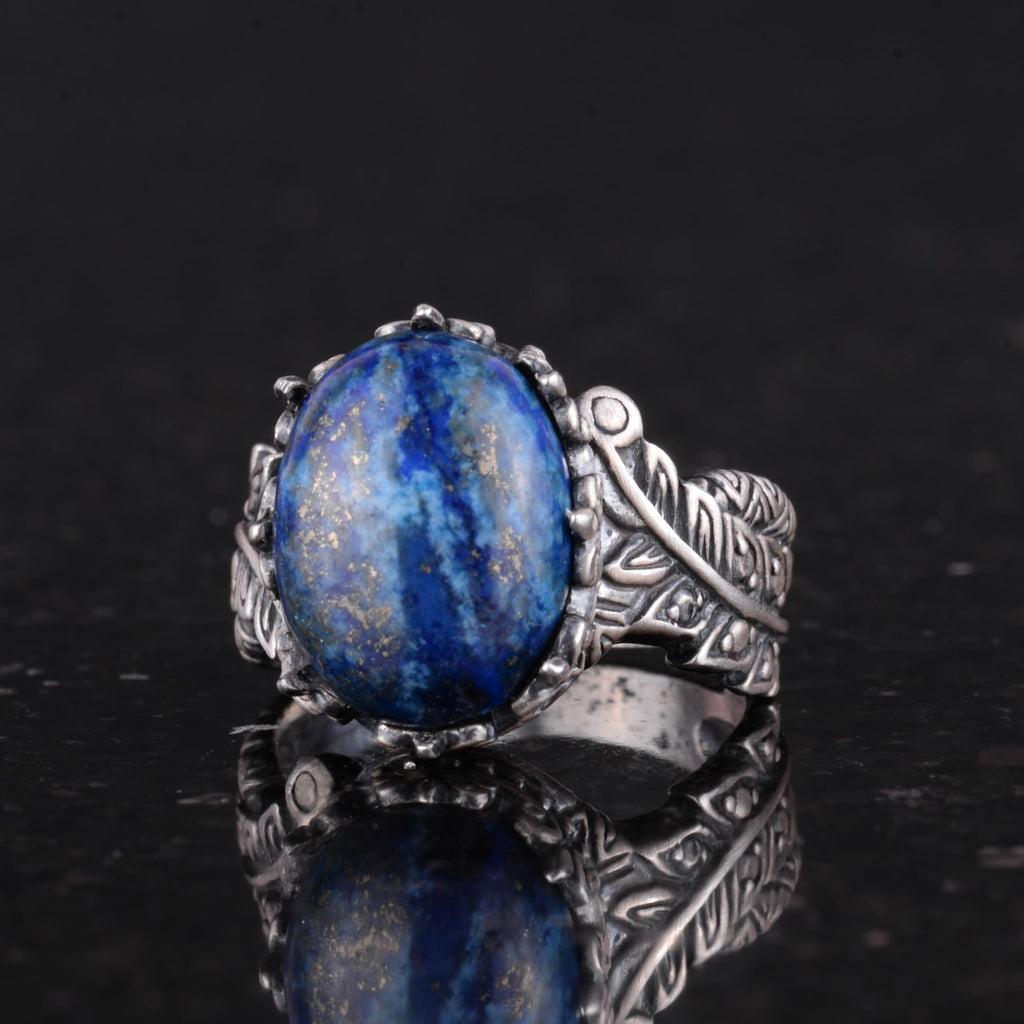 Bohemian Vintage Design Silver Women's Ring - Natural Lapis Lazuli Stone — 6