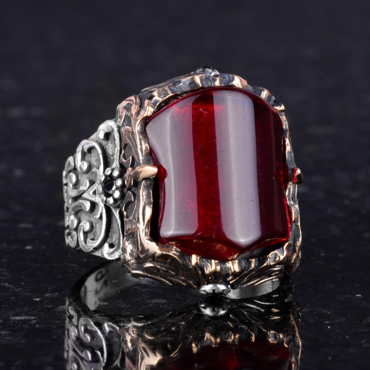 Handmade 925 Sterling Silver Men's Ring - Unique and Original Design (Synthetic Garnet) — 6
