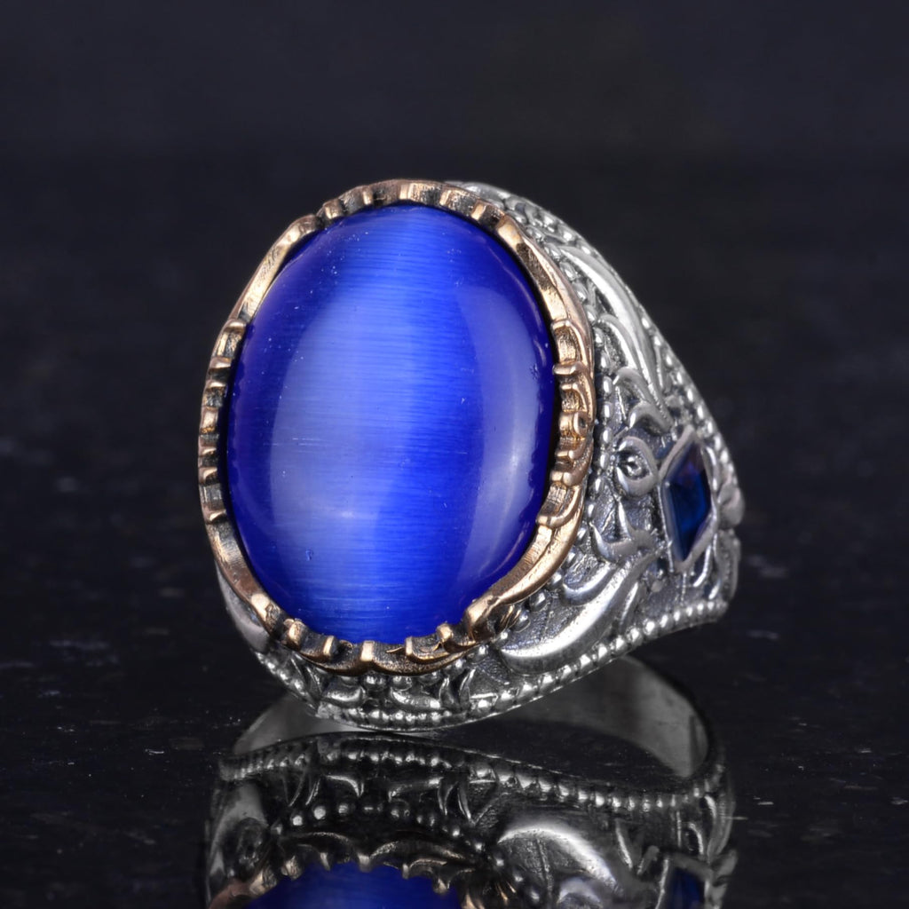 Artificial Stone Ring - Handcrafted Men's Ring - Stylish 925 Sterling Silver Men's Ring (Artificial Blue Cat's Eye) — 6