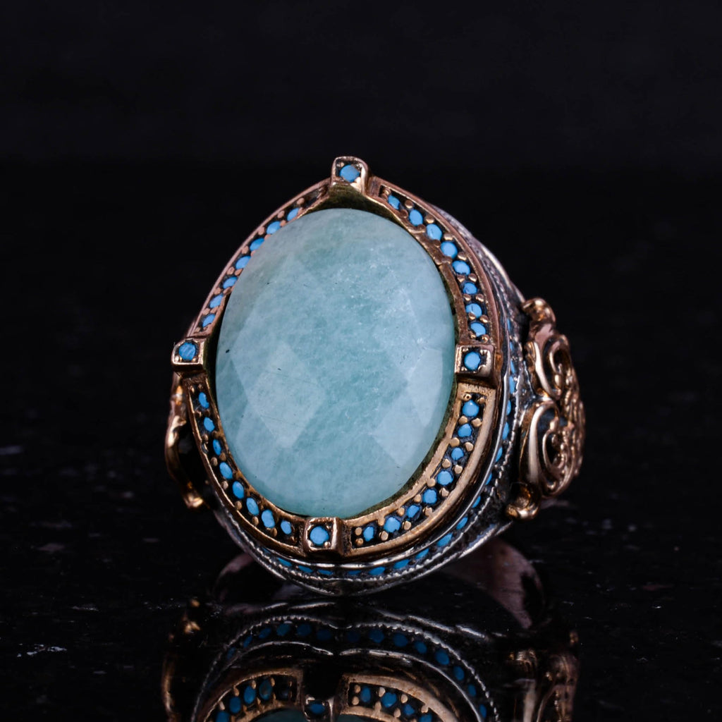 925 Sterling Silver Ring, Natural Amazonite Stone Men's Ring, Handmade Vintage Design — 5