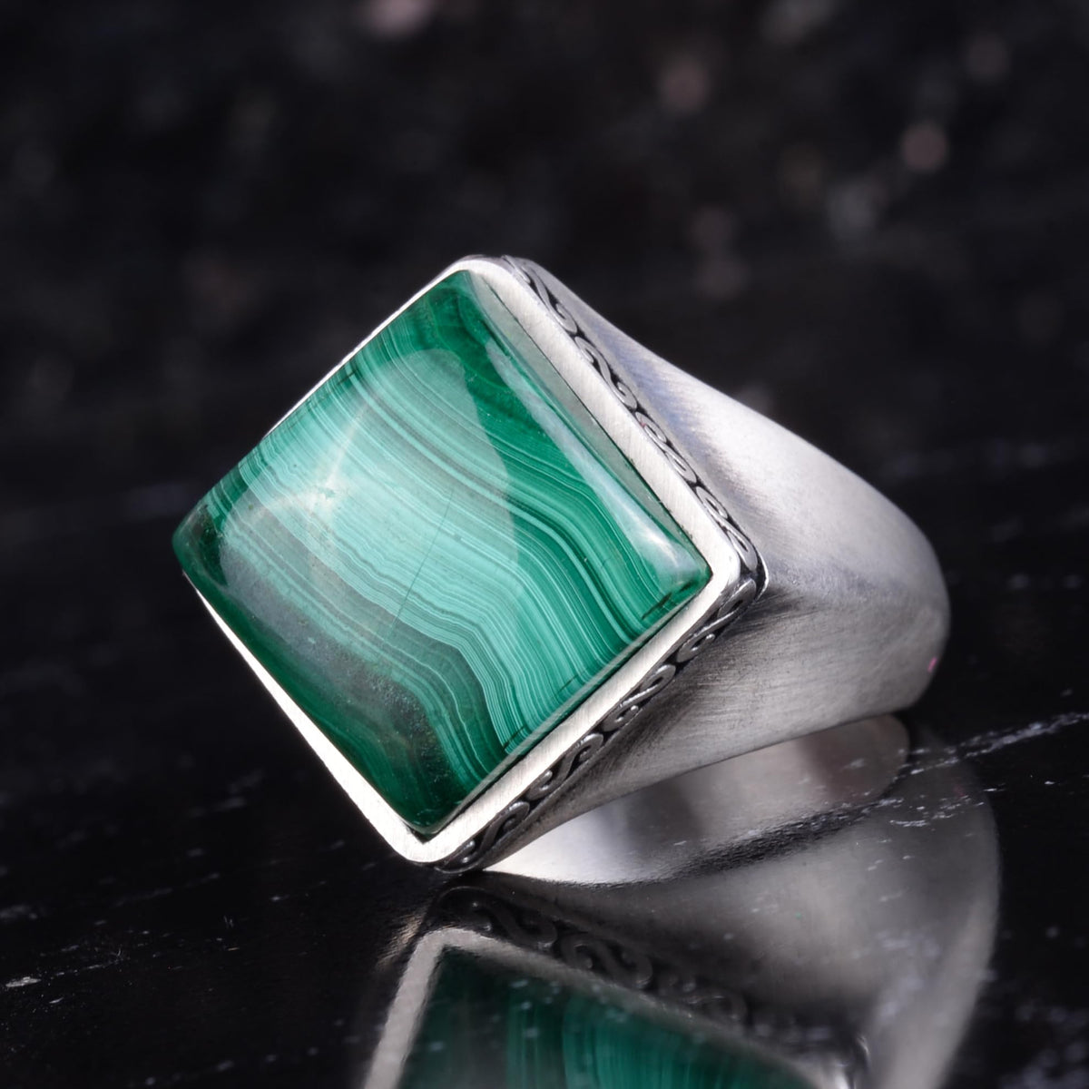 KAMBO Natural Stone Men's Ring 925 Sterling Silver – Square Cut Stone Handmade Minimalist Statement Ring (Malachite) — 5