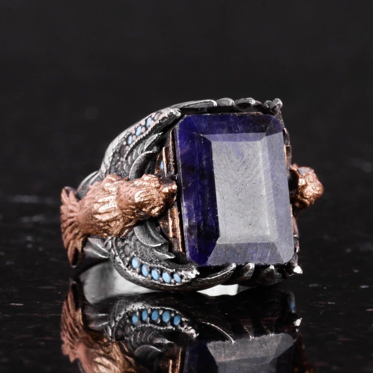Men's Natural Sapphire Stone Eagle Ring, Handcrafted 925 Sterling Silver - Symbol of Wisdom, Protection, and Strength — 5