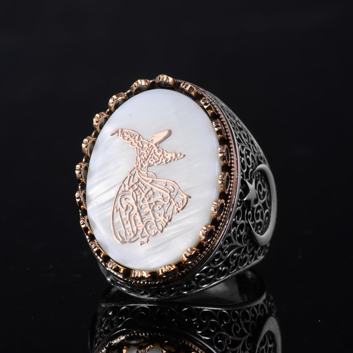 KAMBO Pearl Stone Men's Large Ring – 925 Sterling Silver Star and Moon Design (Whirling Dervish) — 6