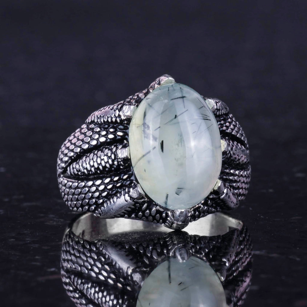 Silver Claw Ring with Natural Prehnite Jade — 5
