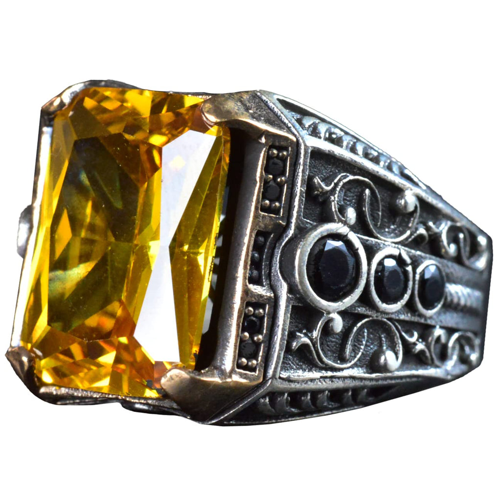 925 Sterling Silver Men's Ring with Natural Citrine Stone, Men's Ring with Citrine Stone, Handcrafted Carved Men's Silver Ring, Turkish Silver