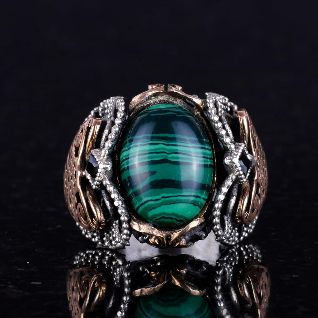Natural Malachite Stone Ring, 925 Sterling Silver Men's Ring — 4