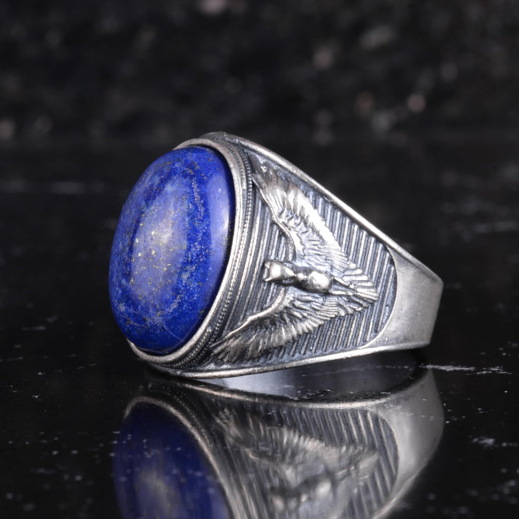 KAMBO Natural Lapis Lazuli Men's Ring 925 Sterling Silver – Eagle Motif Handmade Ring – Blue Stone Vintage Statement Jewelry — 7