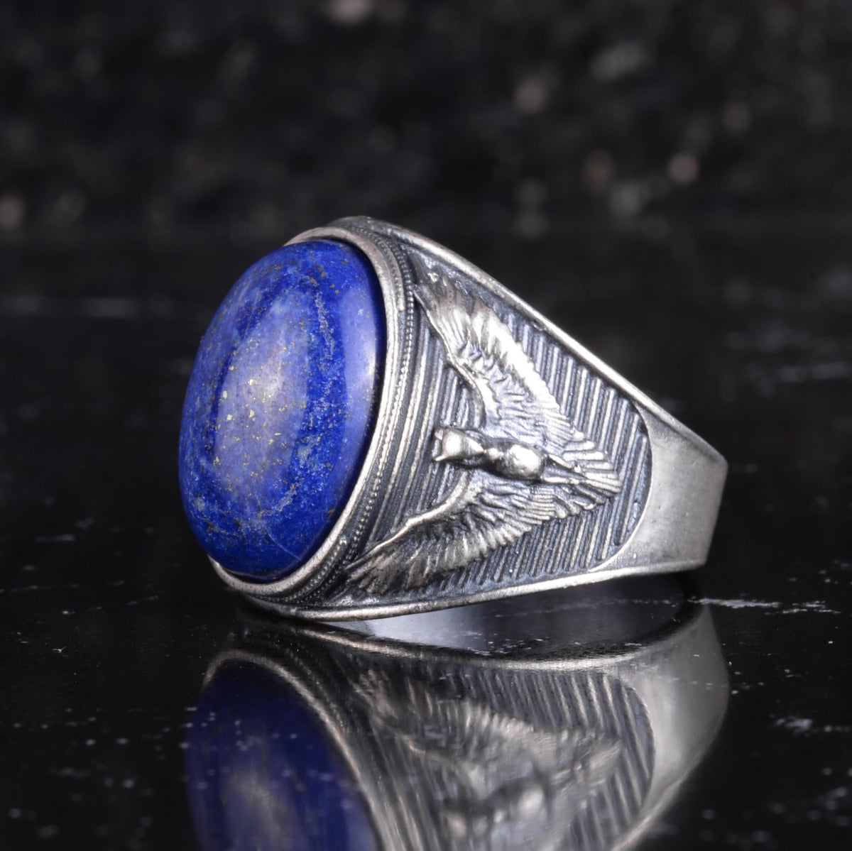 KAMBO Natural Lapis Lazuli Men's Ring 925 Sterling Silver – Eagle Motif Handmade Ring – Blue Stone Vintage Statement Jewelry — 7
