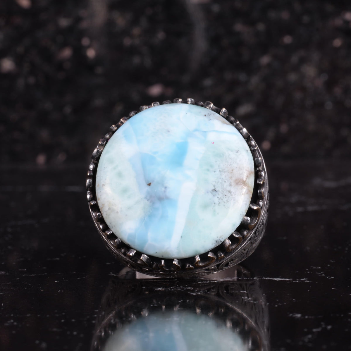 KAMBO Natural Stone Round Large Men's Ring – 925 Sterling Silver Handmade Ring – Statement Ring – Vintage Ottoman Style Men's Jewelry (Larimar) — 4