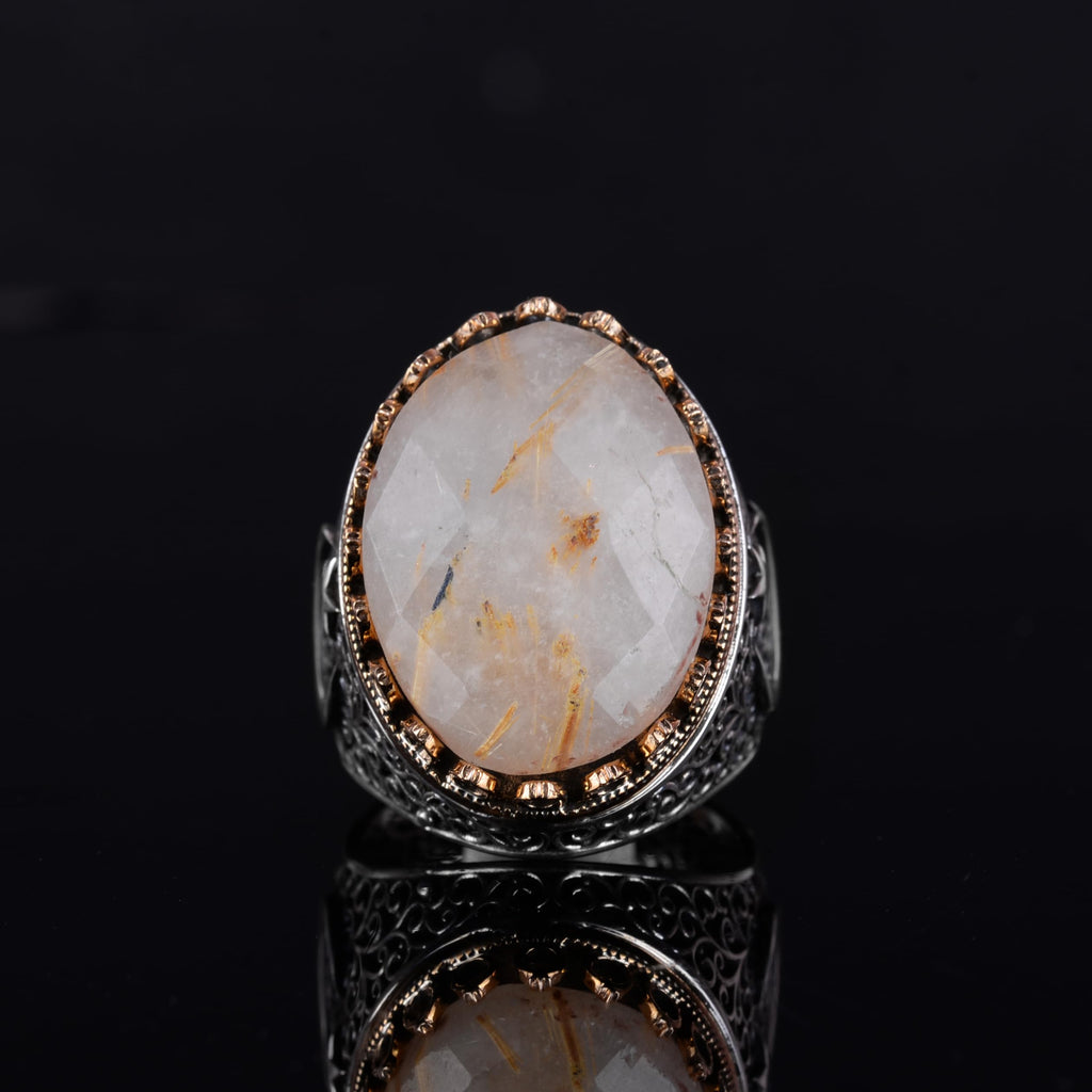 KAMBO 925 Sterling Silver Men's Natural Stone Ring - Moon and Star Design - Handmade Vintage Jewelry (Golden Rutilated Quartz) — 4