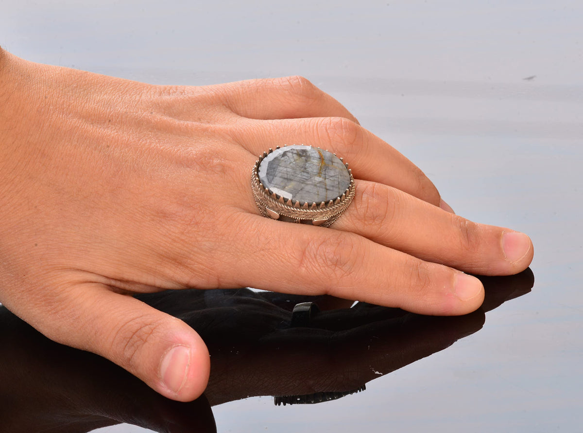 925 Sterling Silver Men's Ring with Natural Labradorite Stone - Detailed Ethnic Design - Handmade Silver Ring — 6