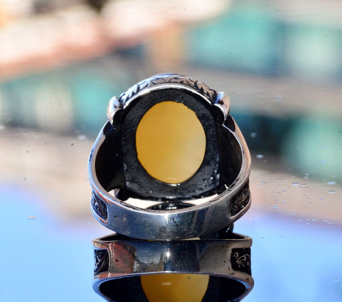 925 Sterling Silver Men's Ring with Created Yellow Agate Stone, Pyramid Evil Eye Design