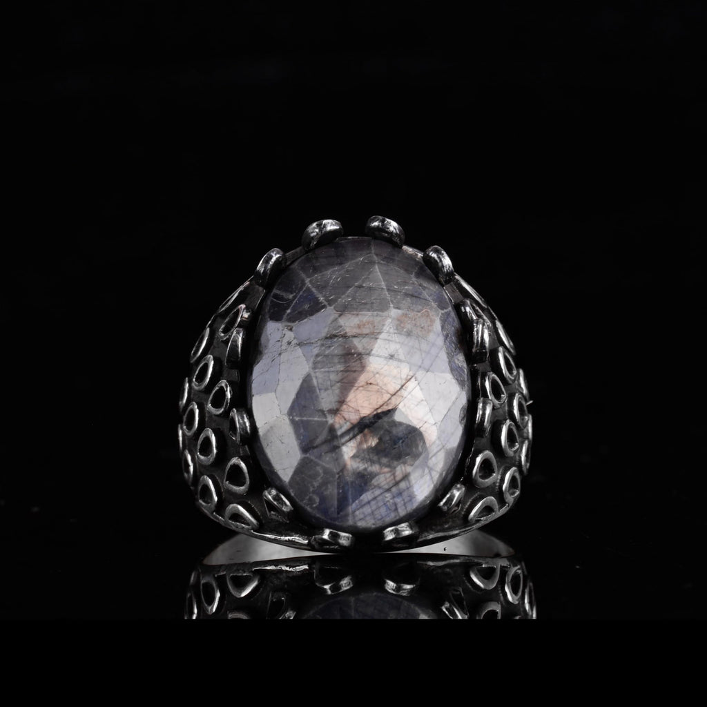 KAMBO 925 Sterling Silver Sapphire Stone Men's Ring – Oval Domed Statement Seal Ring (Sapphire-5) — 4