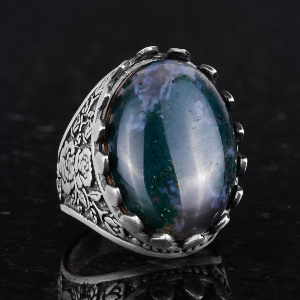 Natural Mossy Agate Stone Ring - Rose Pattern Ring - 925 Sterling Silver Ring — 5