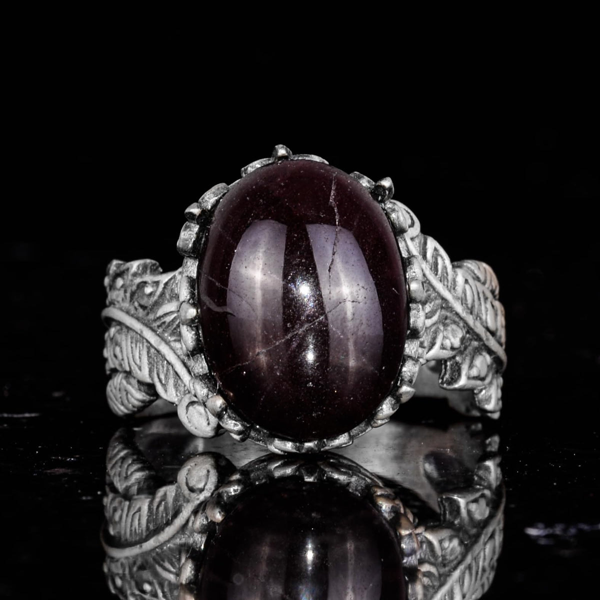 925 Sterling Silver Ring with Natural Star Garnet Stone - Handcrafted Leaf Pattern Ring — 4